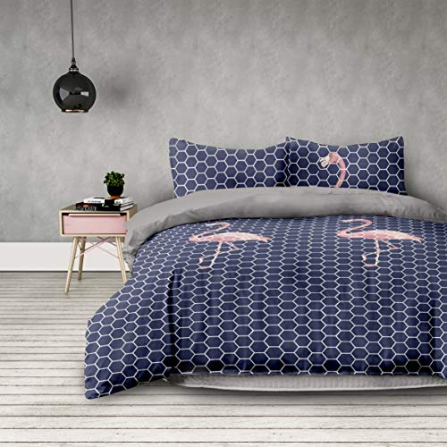 AmeliaHome 4tlg 2 x Bettwäsche 155x220 cm mit 2 Kopfkissenbezügen 80x80 cm geometrisches Muster Microfaser Reißverschluss Basic Collection Flamingo Dark dunkelblau rosa