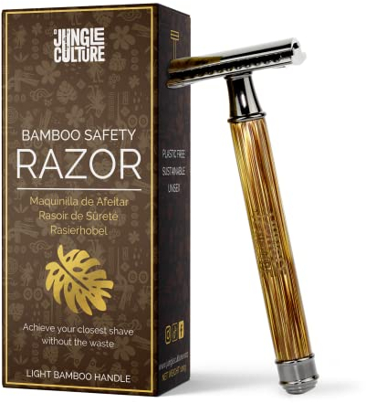 Jungle Culture® Rasierhobel mit Bambusgriff für Damen & Herren • Nassrasierer Sicherheitsrasierer • Plastikfreier Rasierer für Körper & Gesicht mit eBook Rasierführer • Safety Razor (Leichter Griff)