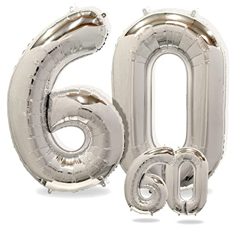 FUNXGO folienballon 60 Silber set - 2 Stück -100 & 38cm- luftballons Zahlen 60-60 Geburtstag - XXL Riesenzahl Geburtstagsdeko Set luftballon 60 silber ballon 60