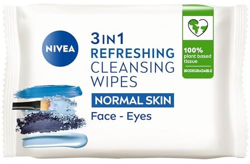 NIVEA 3in1 Refreshing Cleansing Wipes Normal Skin and Combination Skin (40 Wipes), Plant-Based Makeup Remover Face Wipes, Gentle Yet Effective Makeup Removal