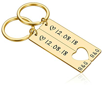 Juego de llaveros de corazón personalizados con nombre y fecha de rey grabado, llavero de amor, regalo para novios, novios, parejas, llaveros (2 piezas)
