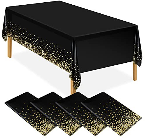 ELECLAND 4 Stück schwarze und goldene Party-Tischdecke, Kunststoff-Tischdecke, 137x274 cm, goldfarbene Punkte, Konfetti-Tischdecke, Halloween, Weihnachtsdekoration