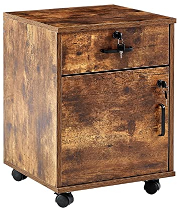 CLIPOP Classeur moderne verrouillable avec tiroir en bois et 4 roulettes roulantes, meuble mobile sous bureau pour papier A4, lettres et dossiers de fichiers – Marron rustique