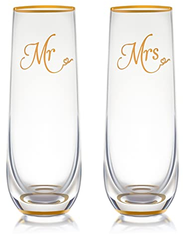 Trinkware Stemless Wedding Champagne Flute - Mr And Mrs Champagne Flutes With Gold Rim & Base - Wedding Gift For Bride And Groom Champagne Glass - Bride Gift - Mr And Mrs Gift Set of 2