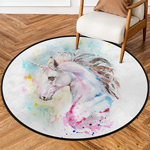 SEEKJOYS Aquarell Einhorn Muster Teppich Farbe Einhorn 162,6 cm Durchmesser Runder Teppich Rutschfester Runder Bereich Teppich Indoor Distressed Bodenbereich Matte Teppich für Wohnzimmer Esszimmer