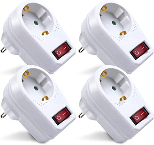 EXTRASTAR Adaptador con Interruptor y Enchufes Schuko, Protección Infantil, Retardante de Llama, 3680W, 16A, Blanco, 4PCS