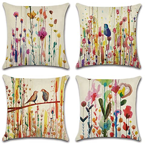 OCEUMACO Leinen Kissenbezug 50x50 Abstrakt Muster Kissenhülle 4er Set Quadratisch Sofakissen Dekokissen Bezug für Couch Sofa Vogel Bunt Kissen Kissenbezüge Outdoor Deko Couchkissen Zierkissen