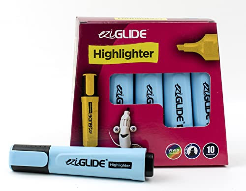 Eziglide 10-Pack Blue Highlighters Pens – Chisel Tip Markers (1-4.5mm) for Precise & Clear Marking – Fast-Drying, Smudge-Free Ink, Ideal for Highlighting, Studying & Colouring at Work, & School