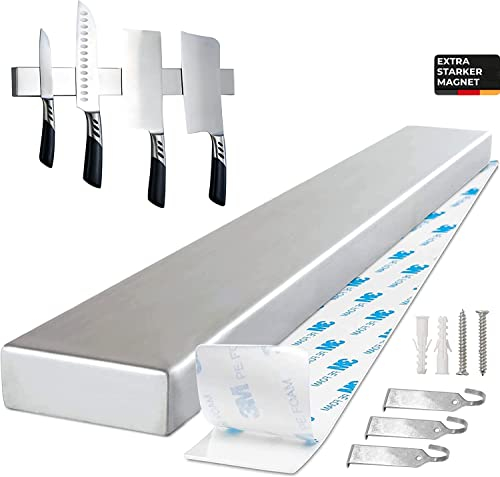 Trhillsbrad Magnetleiste Messer, 40cm Messerhalter Magnetisch mit 3 Haken Edelstahl Messerleiste Selbstklebend, Schwarz Wandhalterung Magnetleiste Ohne Bohren Messerhalter für Küchenmesser