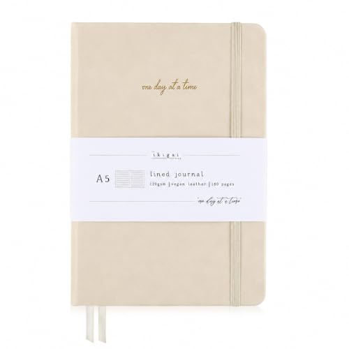 The Ikigai Shop | A5 Lined/Ruled Journal Notebook | 120gsm Premium Thick Paper | Vegan Leather Cover Notebook/Planner | 2 Bookmark Ribbons | Elastic Fastener (Beige)