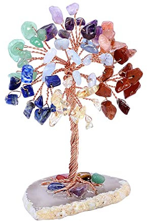 FANNAS Baum des Lebens Kristall, Heilsteine Kristalle, Sieben Bunt Stein Baum, Edelsteine und Kristalle, Deko Lebensbaum Wire Wrap Trommelsteine,Natürliche Kristall Geldbaum Verzierung