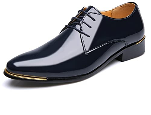 Scarpe Oxford Uomo Scarpe Eleganti da Uomo for Uomo Scarpe Derby Stringate Lucide con Punta Arrotondata in Pelle Verniciata Antiscivolo Low Top Antiscivolo Prom (Color : Blu, Size : 42 EU)