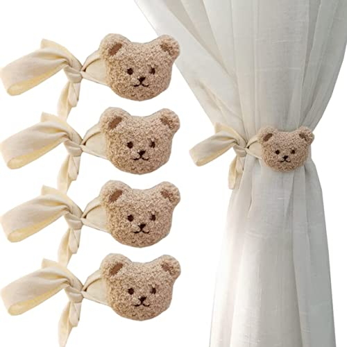 INITOO Raffhalter für Vorhänge, 4 Stück Cartoon Bären Vorhang Schnalle Riemen Bestickt Tierform Vorhang Raffhalter Kinderzimmer Dekoration Zubehör Baumwoll Gardinen Halterung (Beige)
