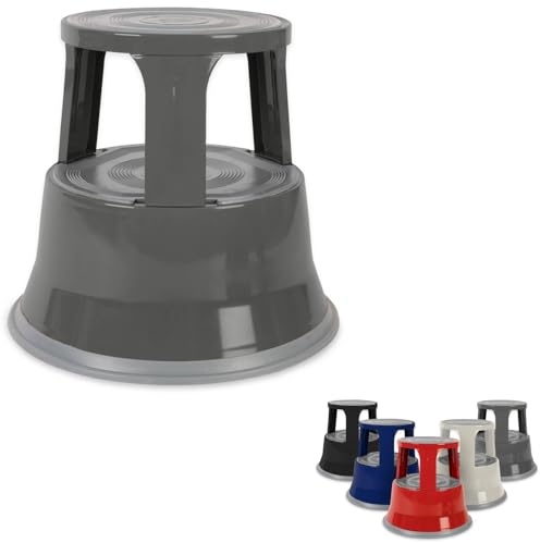 KARAT Tabouret à Deux étages - Marchepied Roulant - Marchepieds escamotables avec Plateforme en Caoutchouc antidérapante - Tabouret à Deux hauteurs séparables (Gris, Acier)