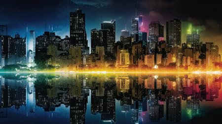 adrium Holz-Bild 140 x 80 cm: Stadtbild von New York City bei Nacht mit Spiegelung im Wasser. (204311313)