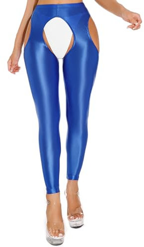 TiaoBug Damen ÖL Glanz Strumpfhose Offener Schritt Pantyhose Sport Yoga Hose Stretch Leggings Workout Training Tights Nylon Stockings Blau A XL