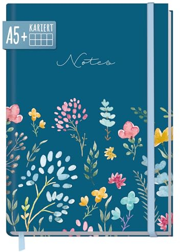 paper&you® Notizbuch A5+ kariert mit Gummiband Happy Flower 156 Seiten, 78 Blatt, als Bullet Journal, Tagebuch, Notizheft - nachhaltig & klimafreundlich