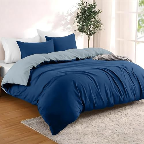 Dreamzie - Bettwäsche Set 200x220 cm mit 2 Kissenbezügen 80x80 cm Dunkelblau/Blaugrau - 1 Bettbezug 200x220 aus 100% Mikrofaser - Zertifiziert ohne Chemikalien (Oeko TEX)