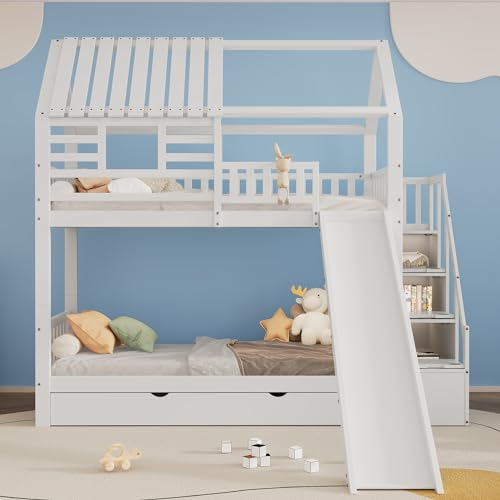 KUAKE Etagenbett mit Treppe und Rutsche, Hausbett 90x200cm, Treppe mit Stauraum, Kinderbett mit Fenster und Dach, mit Fallschutzgitter und Schublade, Weiß