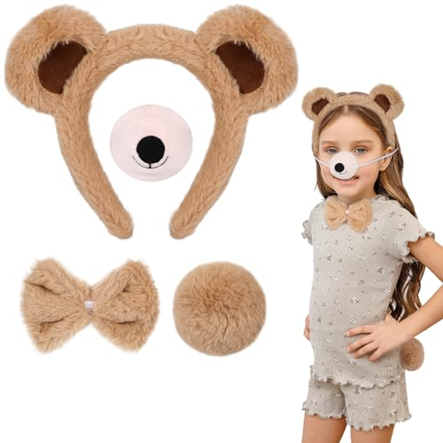 4Stk Bären Kostüm Zubehör, Bären Ohren Haarreif und Schwanz Nase Fliege Set, Bär Verkleidung Outfit Tier Kostüm Zubehör für Kinder Erwachsene für Cosplay Halloween Karneval Geburtstag Thema Party