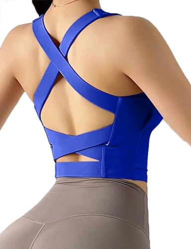 Damen Träger-Sport-BH Criss Cross Back Crop Tank Top Gepolstert Fitness Workout Tops Longline Yoga BHs, Königsblau, X-Large