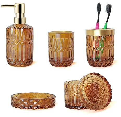 LaMarriti Ensemble d'accessoires de salle de bain en verre, 5 pièces marron ambré, distributeur de savon pour les mains, porte-savon, support de brosse à dents, décoration de salle de bain vintage,