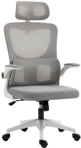 Vinsetto Bürostuhl Schreibtischstuhl mit Verstellbarer Kopfstütze, Grau | Ergonomischer Drehstuhl, Höhenverstellbar Computerstuhl, Armlehnen, Lendenwirbelstütze, Wippfunktion, Netzbespannung