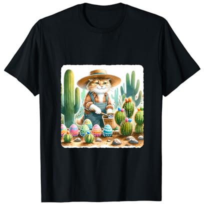 Chat jardinier avec chapeau de paille tendant aux œufs cactus Pâques T-Shirt