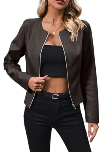 SotRong Womens Faux Leather Zip-Up Jacket Cropped Moto Style Blazer Collarless PU Biker Motorcycle Coat Lightweight Fashion Outwear for All Seasons