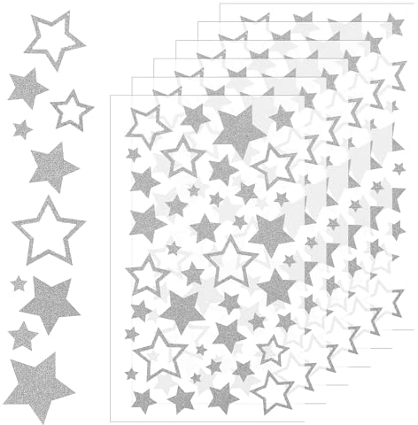 6 Blatt Stern Aufkleber,252 Stück Glitzer Stern Sticker,Star-Etiketten Dekorative Aufkleber,Stern Aufkleber Selbstklebend zum Basteln,für DIY Weihnachten Deko Weihnachtskarten,Bastelarbeiten(Silber)