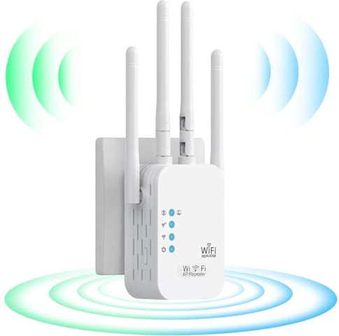 Repetidor WiFi,Amplificador Señal WiFi,Extender con 4 Antenas 2 Puerto Ethernet,Modos Repetidor/Enrutador/Ap,Extensor de WiFi Señal Cobertura de hasta 200 m²,Compatible con Alexa & Routers (300M)