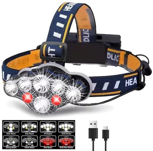 POCKETMAN 8 LED Stirnlampe 8 Modi Kopflampe mit COB Rotem Warnlicht Superheller USB Wiederaufladbare IPX5 Wasserdicht Kopftaschenlampe für Camping Fischen Joggen Wandern Outdoor Arbeiten