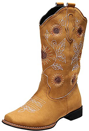 Generico Stivali Country Donna Ballo Stivali Country Donna Stivali di ricamati Stivali da donna etnici con punta di grandi dimensioni stile tacco da donna Stivaletti Primavera Donna (Yellow, 39)