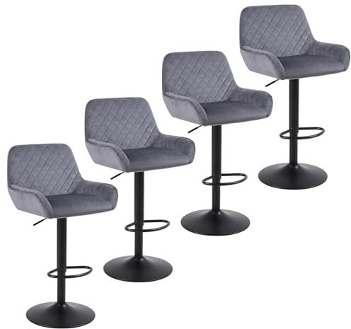 Ralex-Chair Bar Stools Set of 4, Height Adjustable Velvet Swivel Chairs With Backrest and Armrest for Counter and Kitchen, Grey