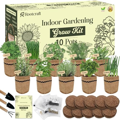 Kit da 10 fioriere da giardino per interni, 44 pezzi, set completo di base per erbe aromatiche, inclusi vasi di iuta, mercati, dischi di terra, attrezzi da giardinaggio, idee regalo uniche per Pasqua