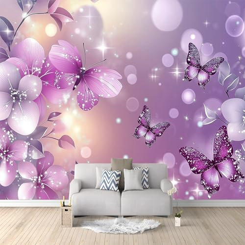 Papier Peint Panoramique Papillon Fleurs Violettes 400x280 cm Papier Peint Intissé Mural, Poster Geant Mural 3D, pour Salon Chambre d'enfants restaurant Décoration Murale