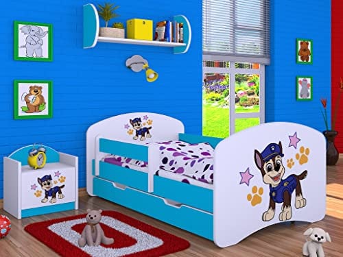 Happy Babies Kinderbett - mit Rausfallschutz Junge 140x70 Bett für Kinderzimmer mit Schublade & Matratze Einzelbett für Kinder Weiß/Blau Hundemotiv Police (Blau)