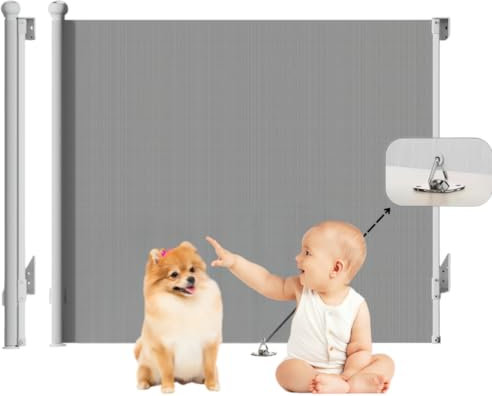 XUZA Retractable Stair Gate | Baby Gate | Stair Gates for Dogs & Babies - Extra Wide Safety Barrier, One Handed Silent Operation | Easy Installation | Extend up to 140Cm Wide, 97Cm Tall | Grey