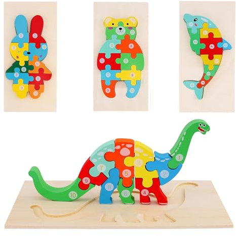 4 Pack 3D Wooden Jigsaw Puzzle for 1-3 Year Olds Kids, Dinosaur Puzzles Toys for Kids, Montessori Toys for Boys and Girls 3+ Year Olds, Educational Games for Girls Boys Children(Animal)