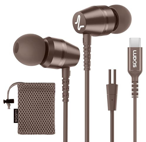 Ludos OMNITONE Auriculares USB C con Micrófono, Garantía de 5 años, Auriculares Tipo C con Cable para iPhone 16 15 Pro MAX Plus Samsung Galaxy S24 S23 S22 Ultra S21 FE S20 A53 A54, iPad Pro - Marrón