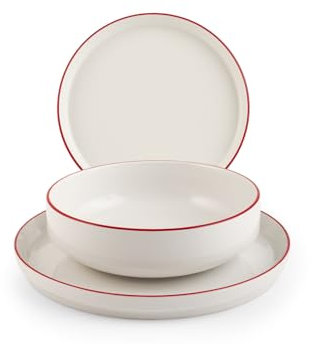 H&H, Servizio Tavola 12 Pezzi Essence Black in Porcellana Bianca con Bordo Rosso – Piatti Piani, Fondi e Frutta, Adatto per Lavastoviglie e Microonde