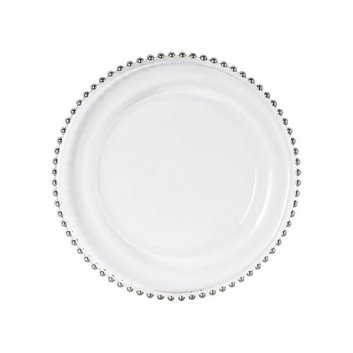 Elegant Event Essentials Beaded Charger Plate 33CM Diameter Delicate Rim Elegant Glass Under Plate with Beading Perfect for Weddings, Dinner Parties, Christmas, and Special Events Durable Silver