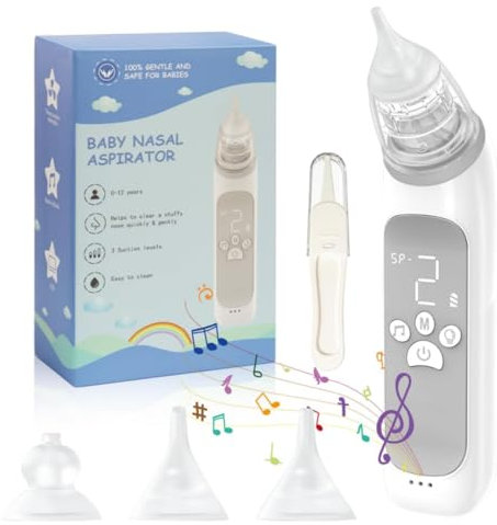 Daxiongmao Nasensauger Baby Elektrisch, Nasal Aspirator Baby, Baby Nasal Aspirator with 3 Suction Levels, 3 Sizes, Silicone Tips and Light Soothing, Music Function & Colourful