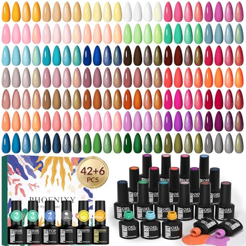 PHOENIXY 42 Colors Gel Nail Polish Set with 2 Base & 4 Top Coats | 42 Trendy All Season Soak Off Gel Nail Polish, Glossy Matte Glitter gloden Top Coats, Nail Varnish Sets Gift for Women