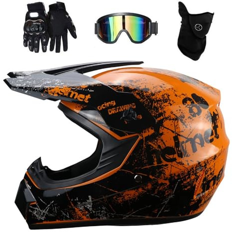 Dual Sport Motocross Helmet Set, Youth Kids Full Face Off Road Racing Motorbike Crash Helmets, Downhill BMX MTB ATV Enduro Quad Dirt Bike Helmet, with Goggles Gloves Mask(Orange,L/56-57CM)