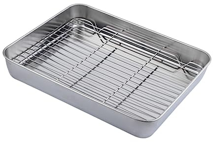 SOLUSTRE Plaque À Pâtisserie En Acier Inoxydable Avec Support En Filet 10.24 X 7.87 X 1.97 Pouces Plat De Cuisson Pour Rôtissage De Viande Poisson Et Légumes Facile À Nettoyer