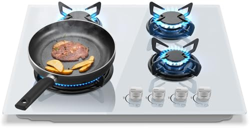 Piano Cottura 4 Fuochi Gas, TopStrong Piano Cottura Vetro Incasso 60cm, Fornello a Gas Naturale/Propano, Vetro Bianco, Protezione Flame-Out, Griglie Smaltate, 8060W