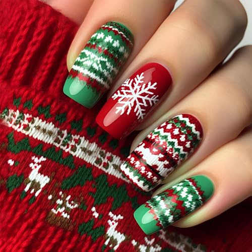 24 Stück Falsche Nägel Weihnachten, Glitzer Rot Grün Schneeflocken Design Künstliche Nägel Zum Aufkleben, Vollabdeckung Quadrat Weihnachtsnägel für Frauen Mädchen(Rot Grün)