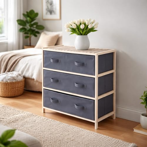 Dylex 3 Drawer Canvas Storage Unit with Wooden Frame – Elegant & Compact Organizer for Bedroom, Closet, or Entryway