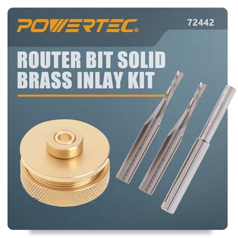 POWERTEC 72442 Oberfräsen-Einlagen-Set für 6,35 mm (1/4 Zoll) Vorlage, massives Messing, Oberfräsenführungs-Set mit 2 x 0,3 cm Downcut Spiral-Bits (1/4-Zoll-Schaft), Zentrierstift, Haltermutter